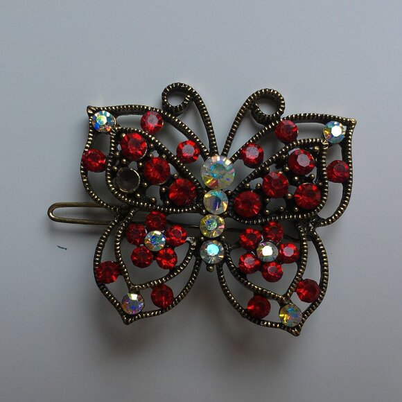 Butterfly Hair Clip, Gold color, Red rhinestone, shiny crystals - Picture 3 of 6